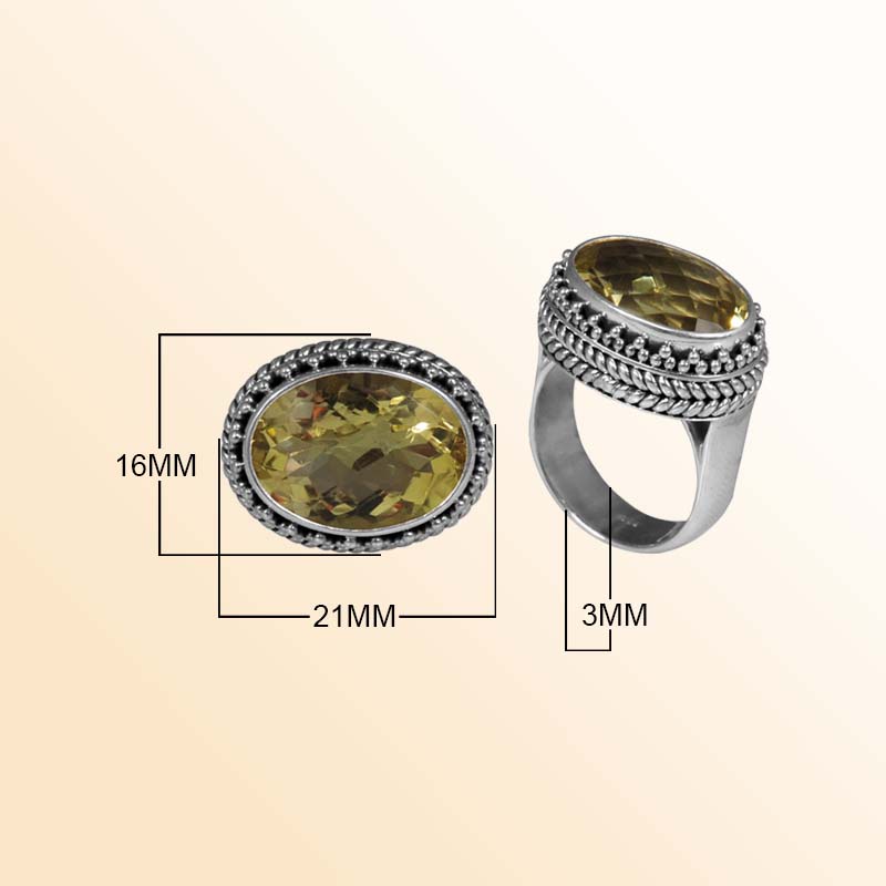 Sterling Silver Ring With Lemon Quartz, Oval Beaded Design, Antique Oxidized Finish, Handcrafted In Bali