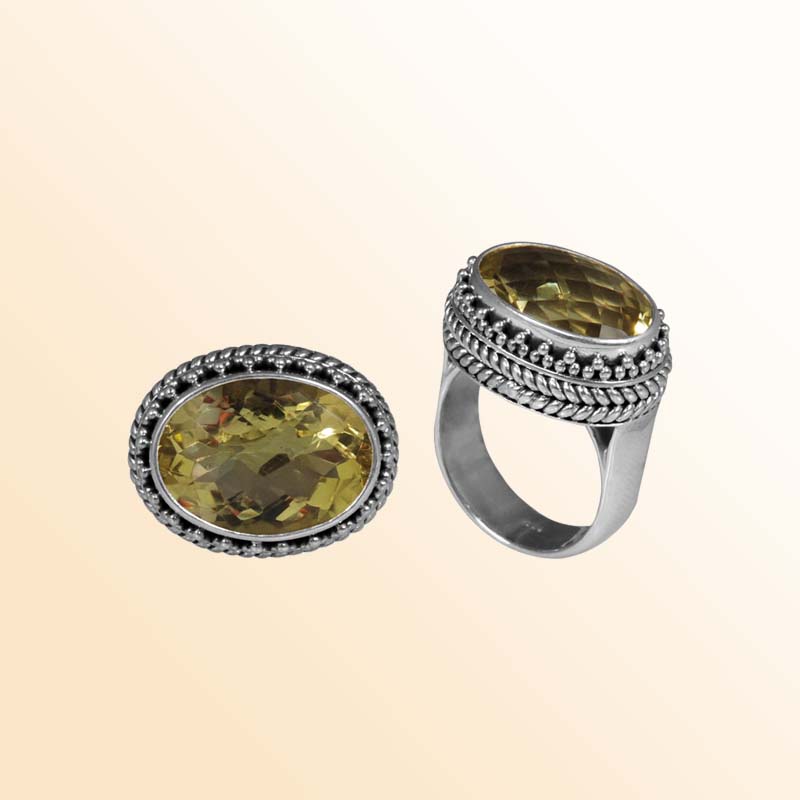 Sterling Silver Ring With Lemon Quartz, Oval Beaded Design, Antique Oxidized Finish, Handcrafted In Bali