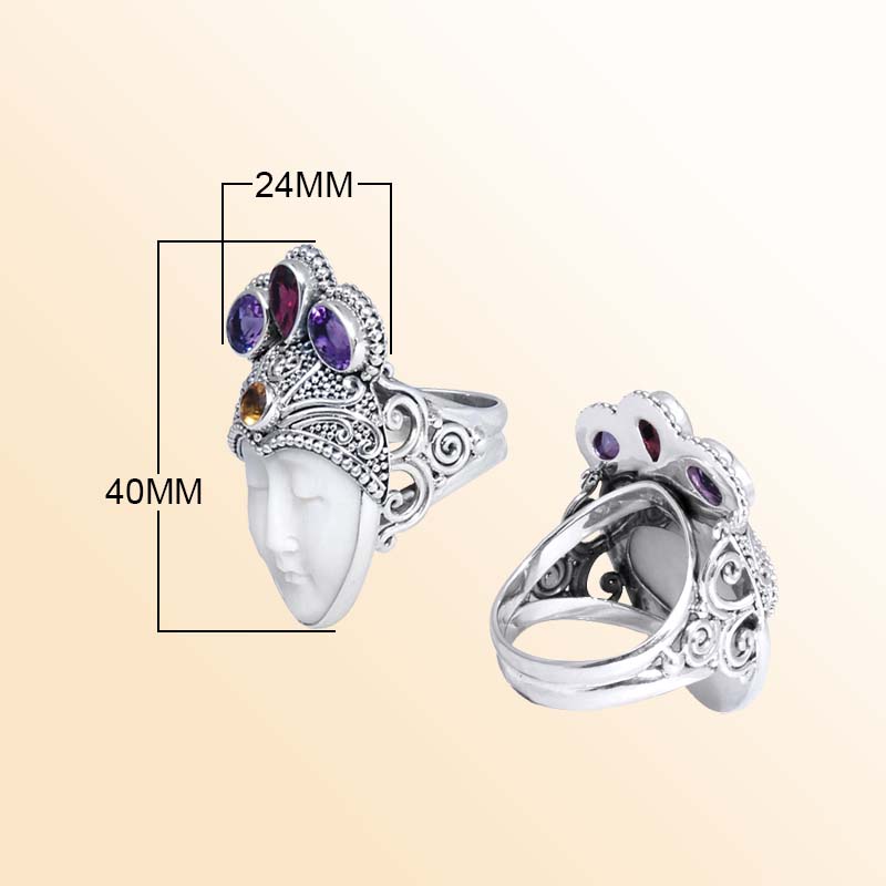 Sterling Silver Ring With Amethyst Quartz, Garnet Quartz, Citrine Quartz, And Shell, Handcrafted Goddess Face Ring, Antique Oxidized Finish