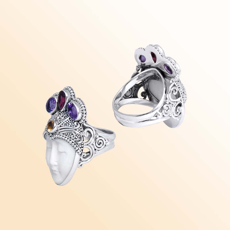 Sterling Silver Ring With Amethyst Quartz, Garnet Quartz, Citrine Quartz, And Shell, Handcrafted Goddess Face Ring, Antique Oxidized Finish