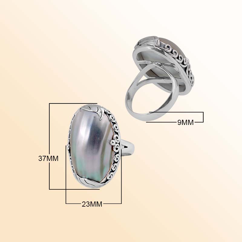 Sterling Silver Ring With Cokle Shell, Oval Scrollwork Design, Antique Oxidized Finish, Handcrafted In Bali