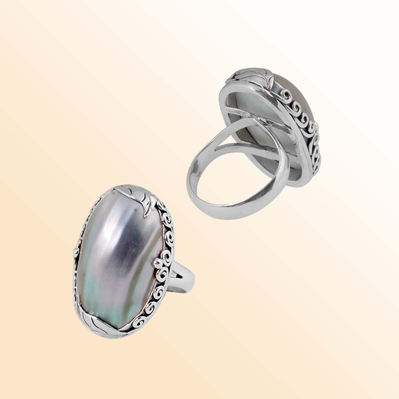 Sterling Silver Ring With Cokle Shell, Oval Scrollwork Design, Antique Oxidized Finish, Handcrafted In Bali