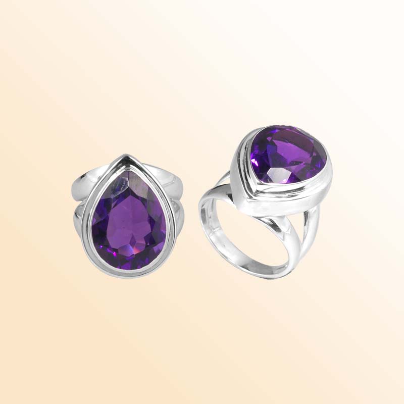 Sterling Silver Ring With Amethyst Quartz, Teardrop Design, Smooth Polished Finish, Handcrafted In Bali