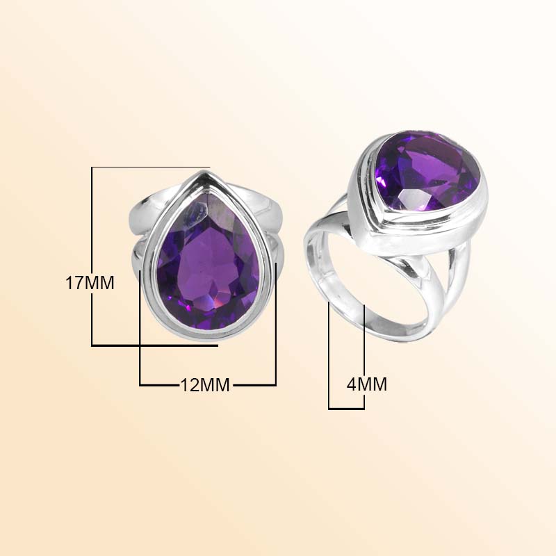 Sterling Silver Ring With Amethyst Quartz, Teardrop Design, Smooth Polished Finish, Handcrafted In Bali