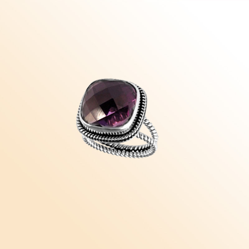 Sterling Silver Ring With Amethyst Quartz, Cushion Rope Frame, Mirror Polished Silver Finish, Handcrafted In Bali