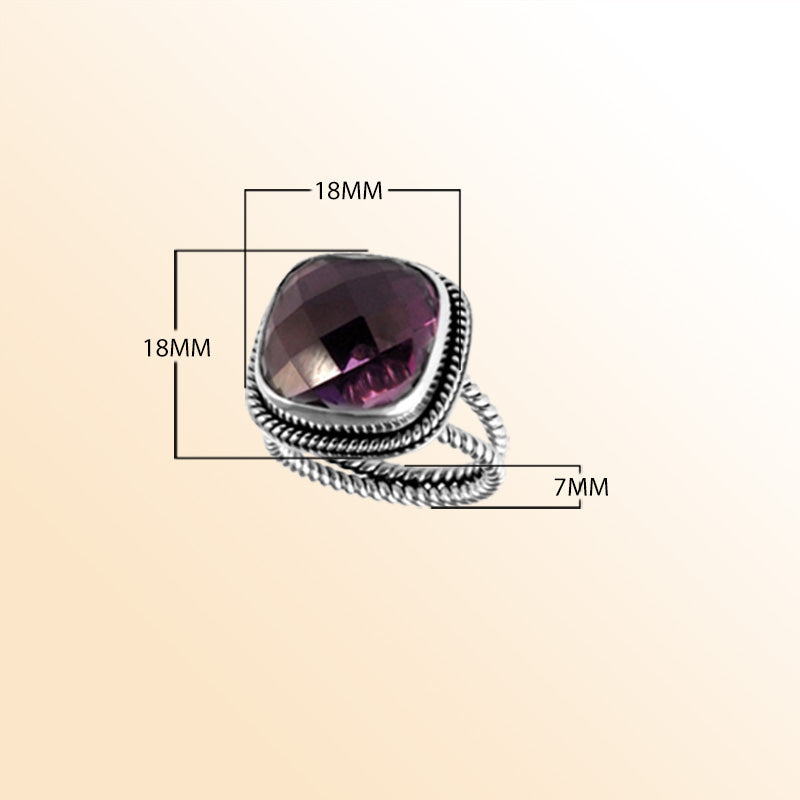 Sterling Silver Ring With Amethyst Quartz, Cushion Rope Frame, Mirror Polished Silver Finish, Handcrafted In Bali