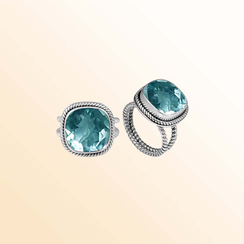 Sterling Silver Ring With Blue Topaz Quartz, Cushion Rope Frame, Mirror Polished Silver Finish, Handcrafted In Bali