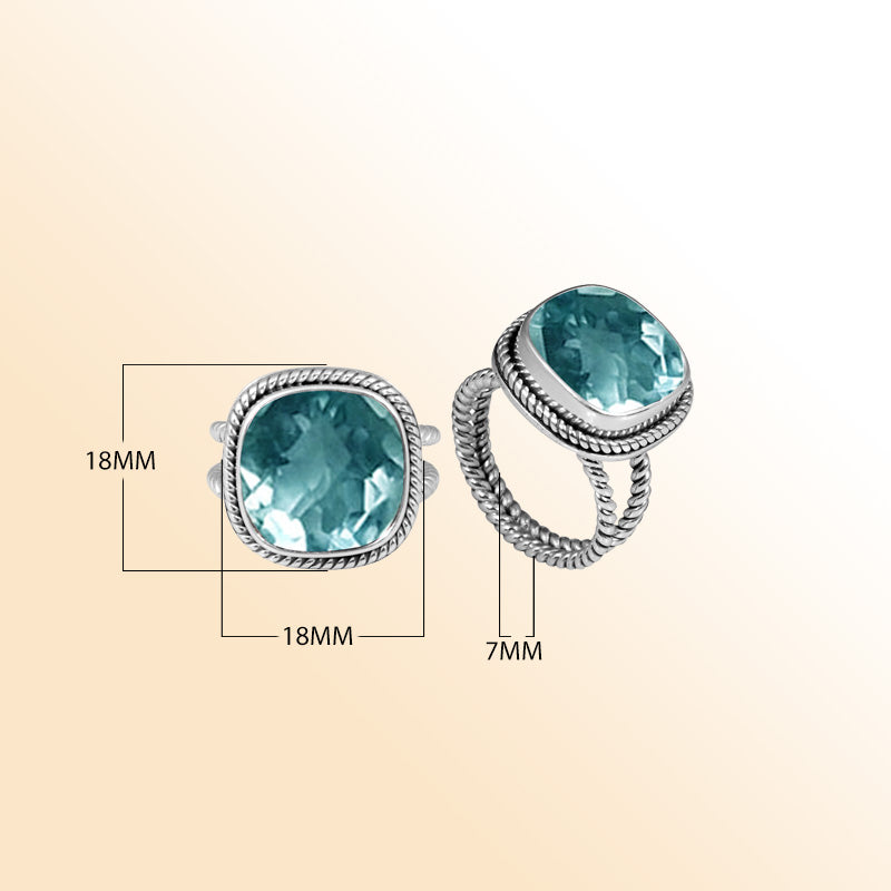 Sterling Silver Ring With Blue Topaz Quartz, Cushion Rope Frame, Mirror Polished Silver Finish, Handcrafted In Bali