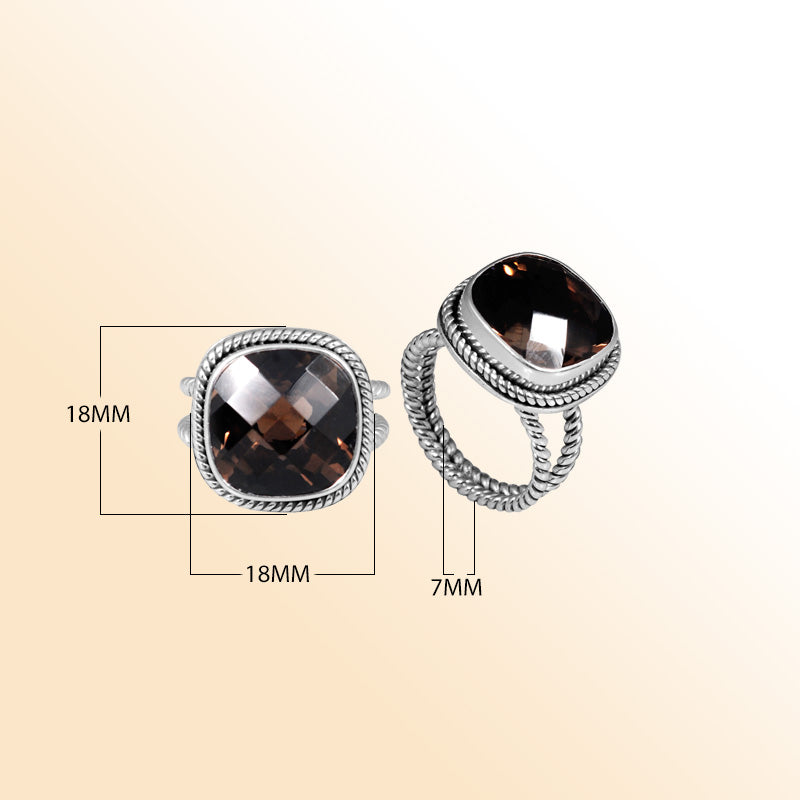 Sterling Silver Ring With Smoky Quartz, Cushion Rope Frame, Mirror Polished Silver Finish, Handcrafted In Bali
