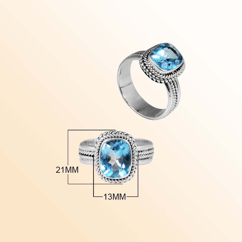 Handcrafted sterling silver Blue Topaz Quartz cushion ring with Bali rope border design
