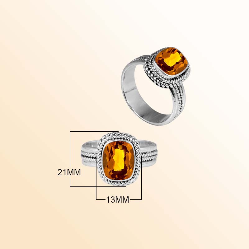 Handcrafted sterling silver Citrine Quartz cushion ring with Bali rope border design