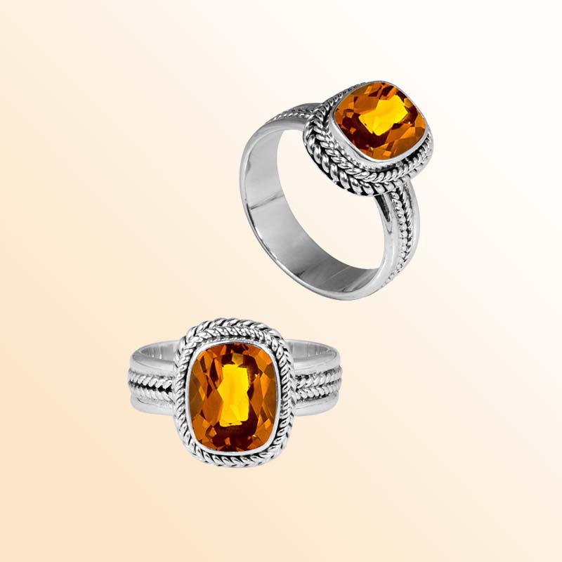 Handcrafted sterling silver Citrine Quartz cushion ring with Bali rope border design