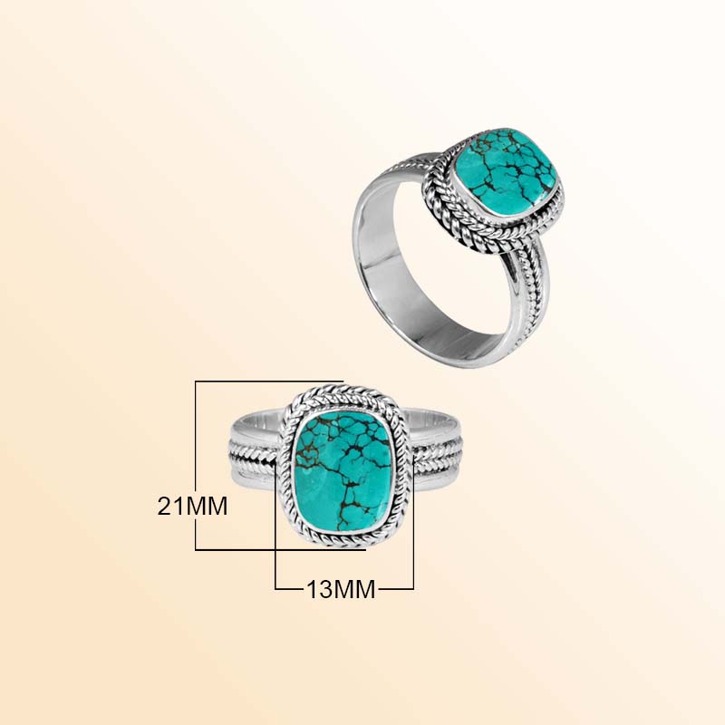 Handcrafted sterling silver Turquoise Shell cushion ring with Bali rope border design