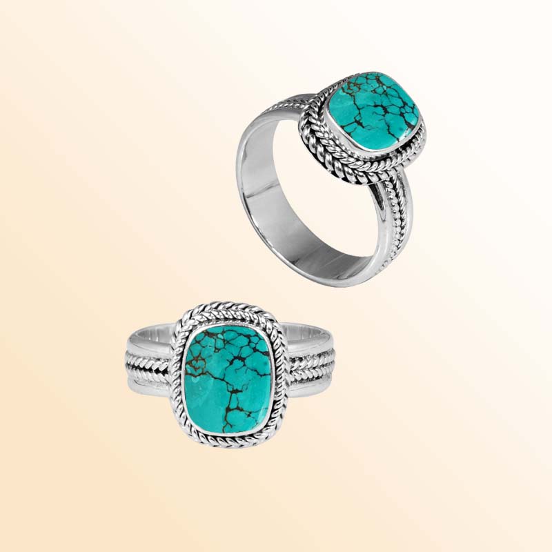 Handcrafted sterling silver Turquoise Shell cushion ring with Bali rope border design