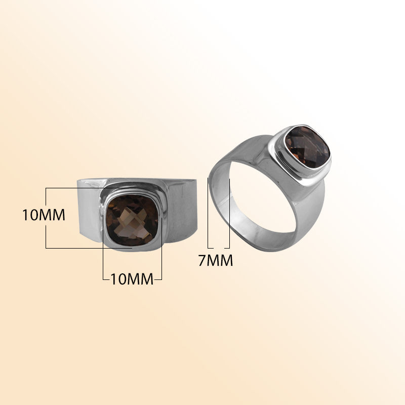 Handcrafted sterling silver Smoky Quartz cushion ring with smooth bezel Bali design