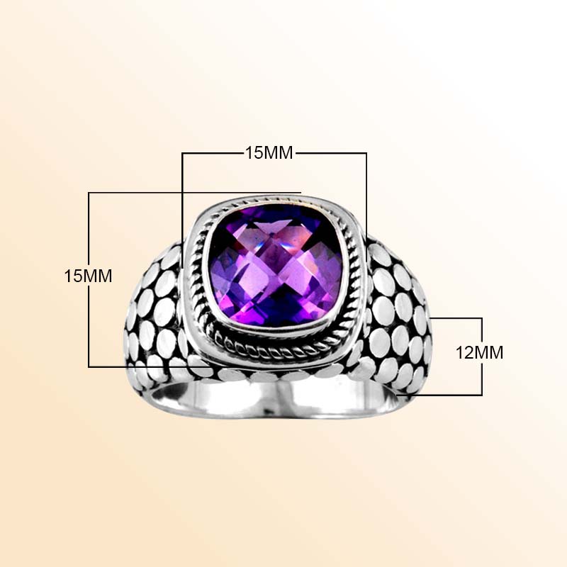 Handcrafted sterling silver Amethyst Quartz cushion ring with dotted Bali oxidized band