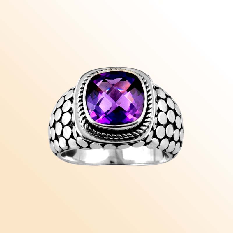 Handcrafted sterling silver Amethyst Quartz cushion ring with dotted Bali oxidized band