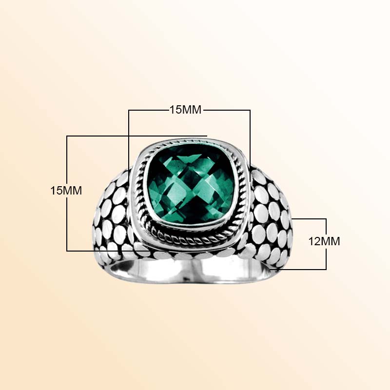 Handcrafted sterling silver Green Quartz cushion ring with dotted Bali oxidized band