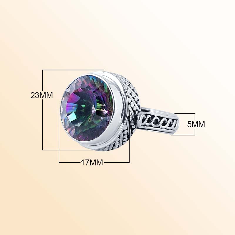 Handcrafted sterling silver Mystic Quartz round bezel ring with Bali dotted detailing