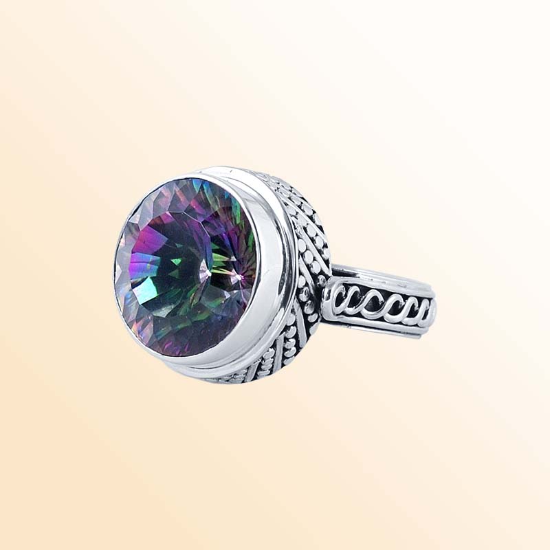 Handcrafted sterling silver Mystic Quartz round bezel ring with Bali dotted detailing