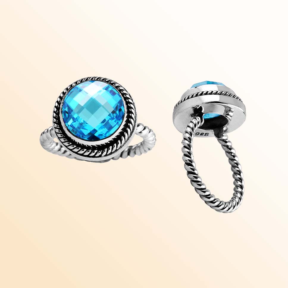 Handcrafted sterling silver Blue Topaz Quartz round ring with Bali rope detailing