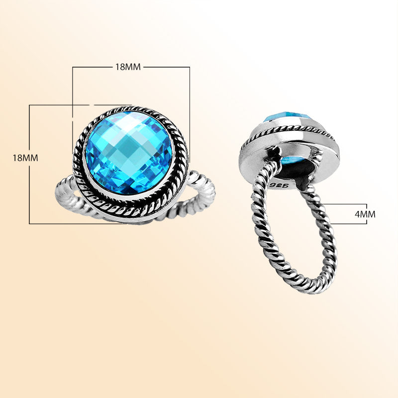 Handcrafted sterling silver Blue Topaz Quartz round ring with Bali rope detailing