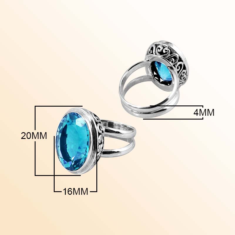 Handcrafted sterling silver Blue Topaz Quartz oval ring with Bali filigree detailing