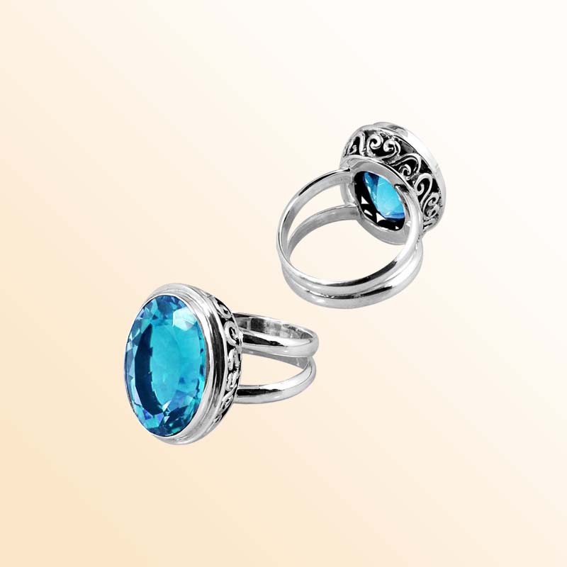 Handcrafted sterling silver Blue Topaz Quartz oval ring with Bali filigree detailing