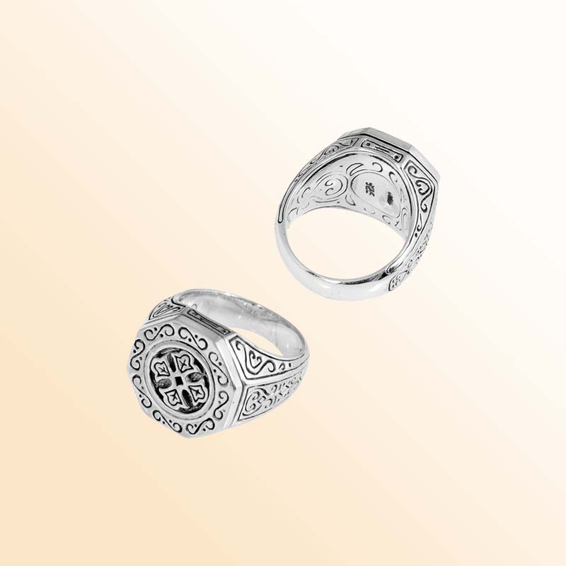 Silver Overlay Over Copper Hexagonal Cross Carved Balinese Signet Ring