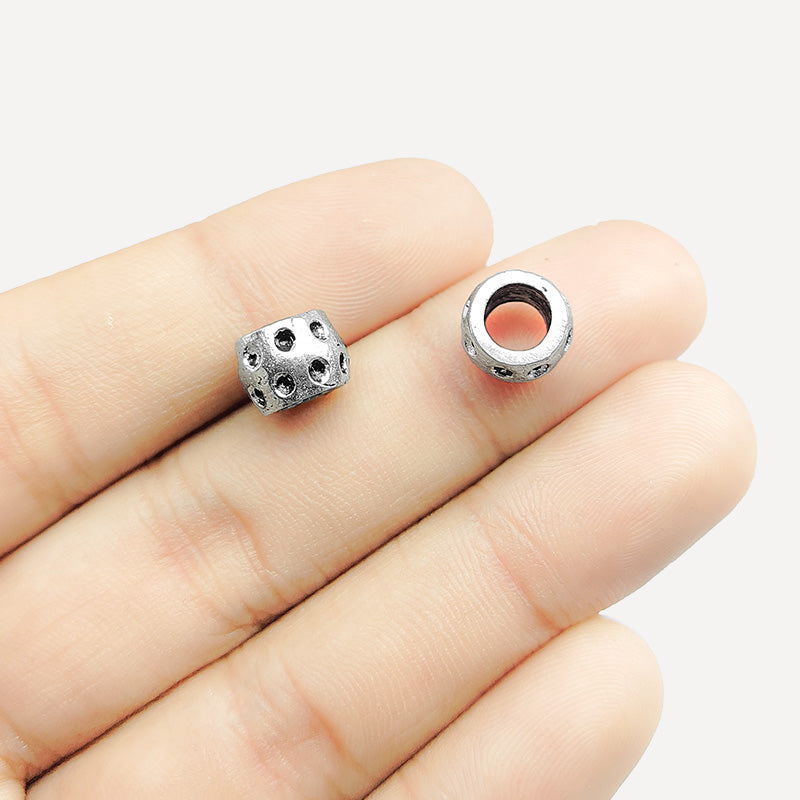 Silver Overlay Over Copper textured barrel spacer charm, handcrafted in India for handmade jewelry designs.