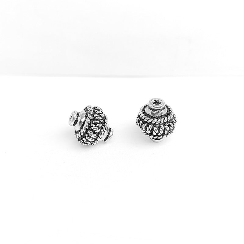 Silver Overlay Over Copper braided barrel bead handcrafted in India, rope-textured metallic finish jewelry making component.