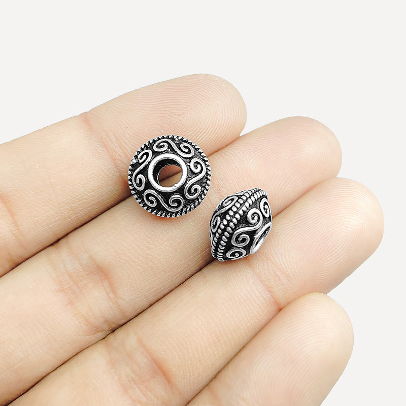 Silver Overlay Over Copper scroll dome spacer bead handcrafted in India, raised swirl detailing jewelry making component.