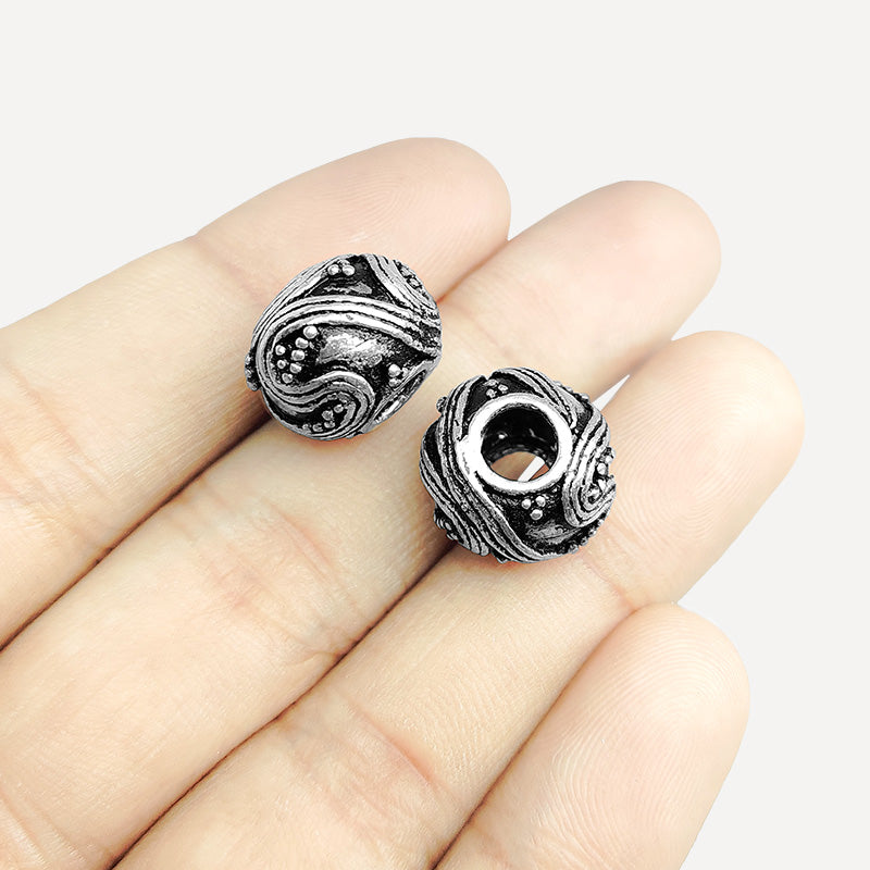 Silver Overlay Over Copper textured barrel spacer bead handcrafted in India, decorative metallic finish jewelry making component.