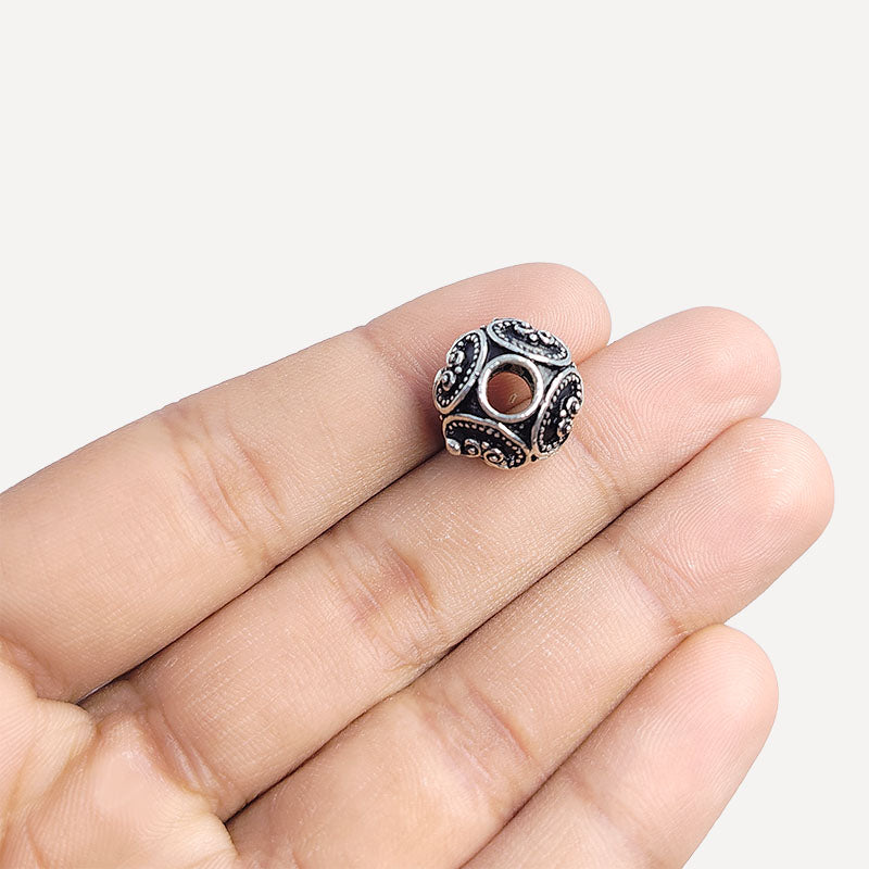 Silver Overlay Over Copper scroll pattern barrel spacer bead handcrafted in India, decorative metallic finish jewelry making component.