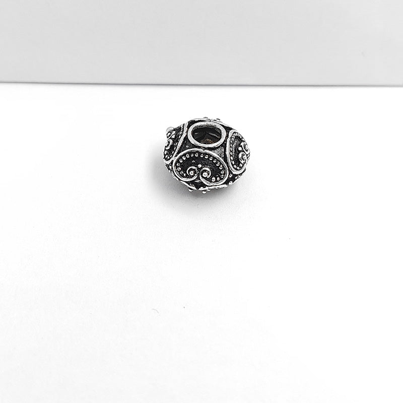 Silver Overlay Over Copper scroll pattern barrel spacer bead handcrafted in India, decorative metallic finish jewelry making component.