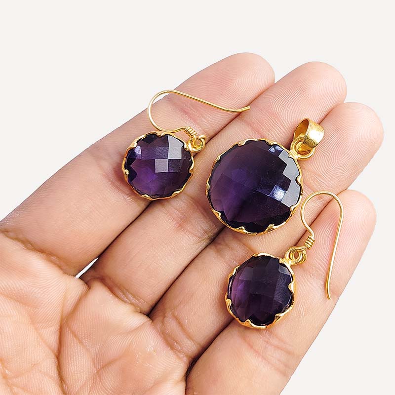 18K Gold Overlay Over Copper Round Amethyst Quartz Pendant And Earring Set