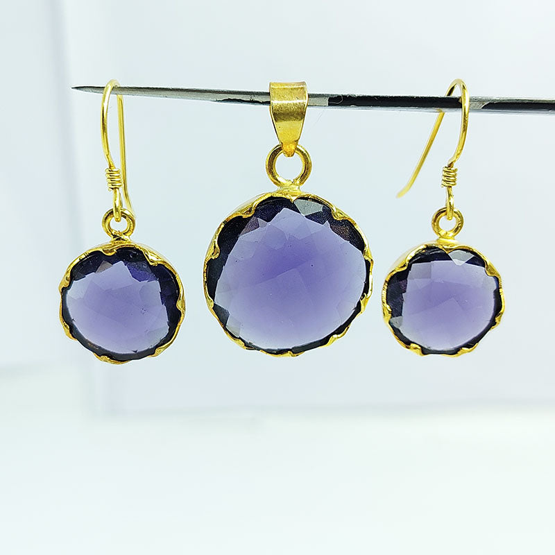 18K Gold Overlay Over Copper Round Amethyst Quartz Pendant And Earring Set