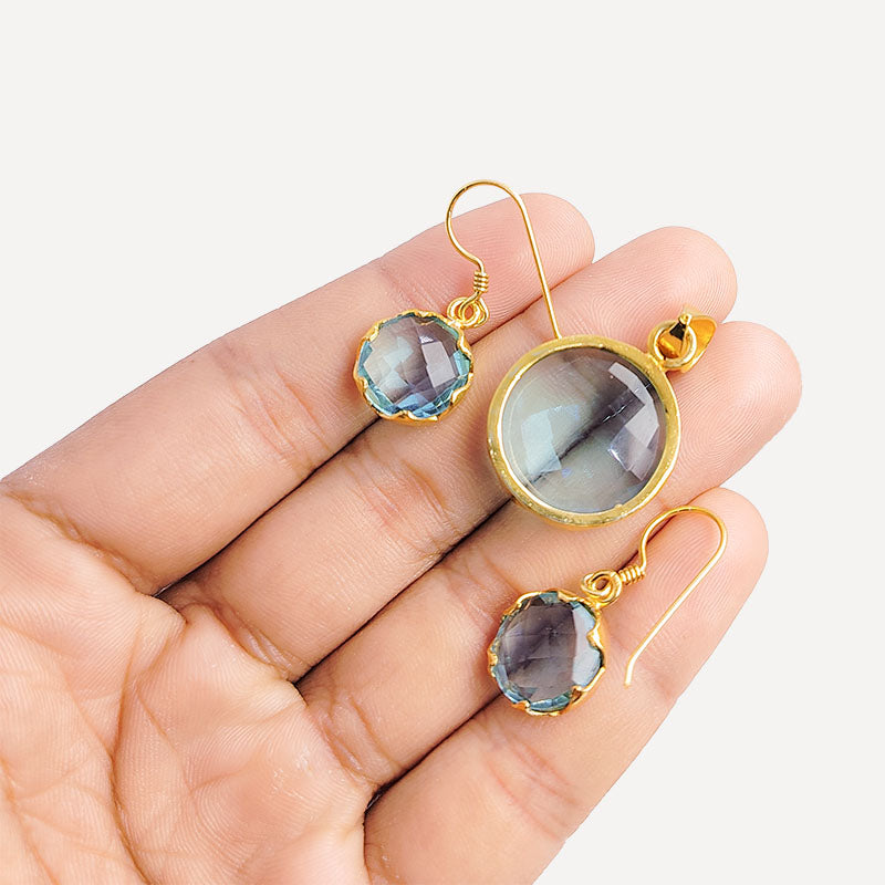 18K Gold Overlay Over Copper Blue Topaz Quartz Round Pendant And Earring Set