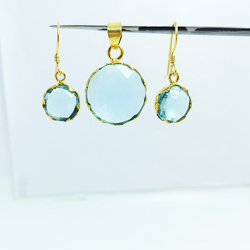 18K Gold Overlay Over Copper Blue Topaz Quartz Round Pendant And Earring Set