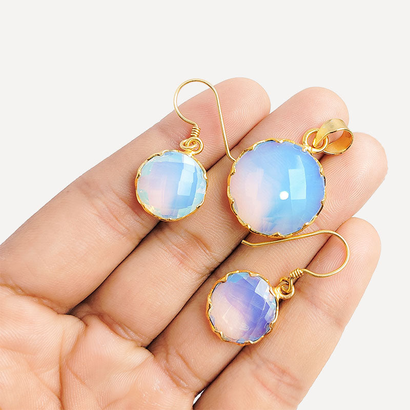 18K Gold Overlay Over Copper Crystal Quartz Round Pendant And Earring Set
