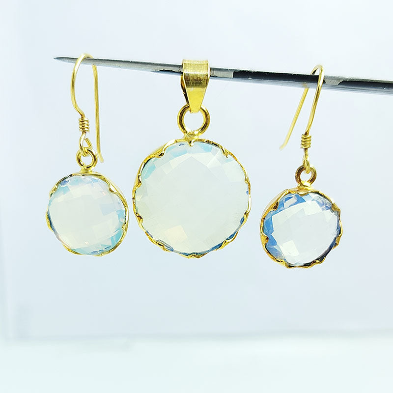 18K Gold Overlay Over Copper Crystal Quartz Round Pendant And Earring Set