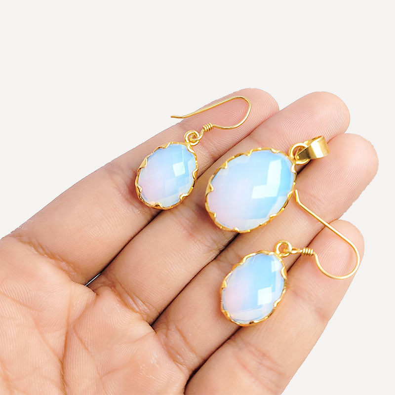 18K Gold Overlay Crystal Quartz Oval Pendant And Earring Set