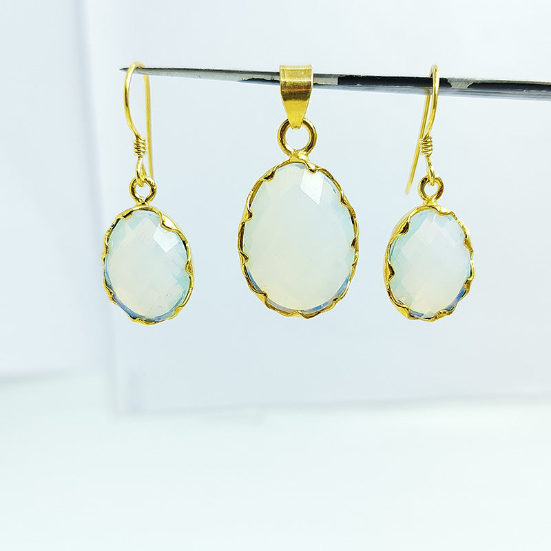 18K Gold Overlay Crystal Quartz Oval Pendant And Earring Set