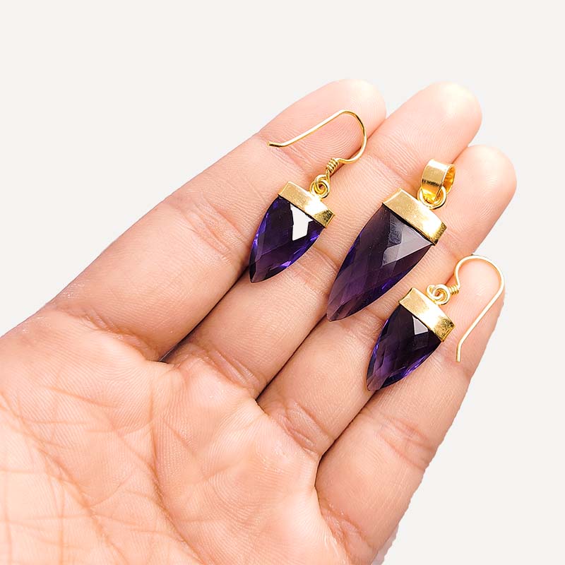 Faceted spear-cut Amethyst Quartz pendant and earrings with 18K gold overlay over copper and polished gold caps.
