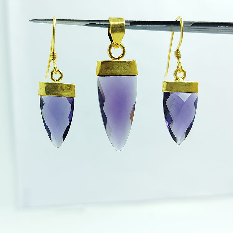 Faceted spear-cut Amethyst Quartz pendant and earrings with 18K gold overlay over copper and polished gold caps.