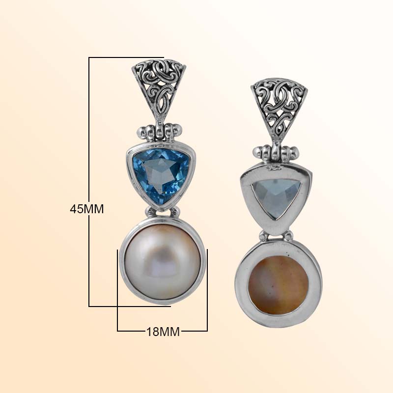 Sterling Silver Pendant With Fresh Water Pearl & Blue Topaz Quartz Trillion Drop Handcrafted In Bali