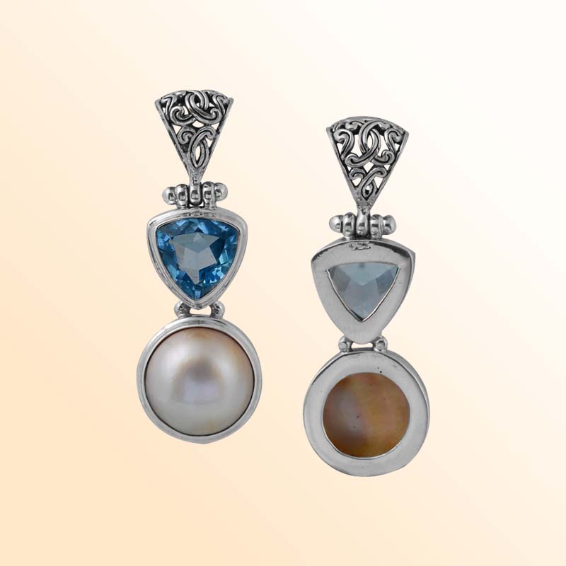 Sterling Silver Pendant With Fresh Water Pearl & Blue Topaz Quartz Trillion Drop Handcrafted In Bali