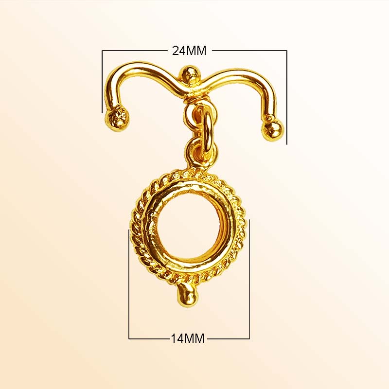 Handmade 18K gold overlay toggle clasp with polished rope-textured ring and curved bar, crafted in India for jewelry making