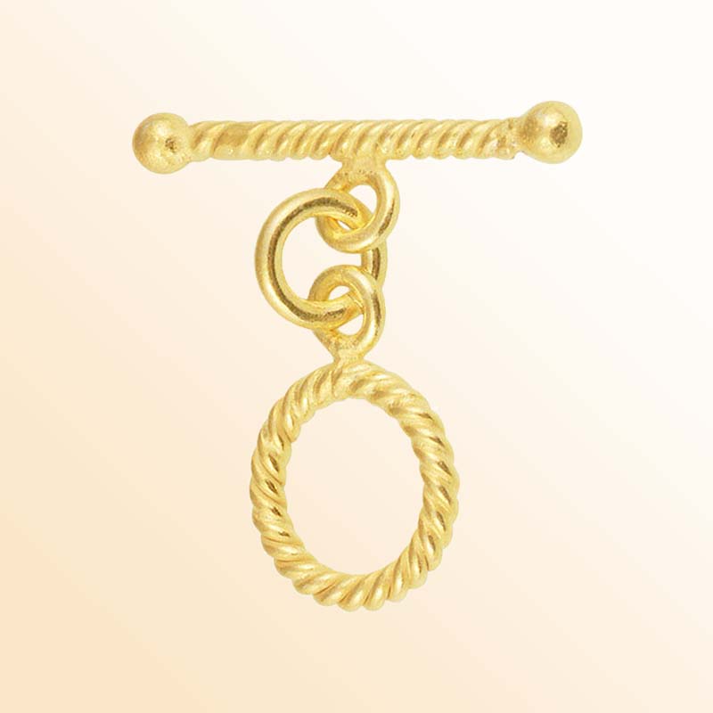 Handmade 18K gold overlay toggle clasp with polished rope-style ring and twisted bar, crafted in India for bracelets and necklaces