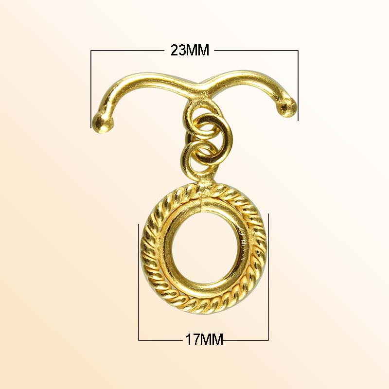 Handmade 18K gold overlay toggle clasp with polished rope-style ring and curved bar, crafted in India for bracelets and necklaces